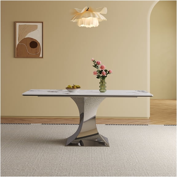 JERFIT 71-inch Modern Sintered Stone Dining Table for 8 with Hourglass Base, Rectangular Kitchen Table in Black and White