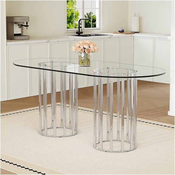 JERFIT 71-inch Oval Tempered Glass Dining Table for 6-8 People, Modern Light Luxury Silver Metal Base, Scratch Resistant Easy Clean Kitchen Restaurant Table