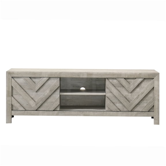 JERFIT 71-inch TV Stand Console for Living Room with Sliding Doors, Gray Wash Wood Entertainment Center with Geometric Design, 2 Shelves