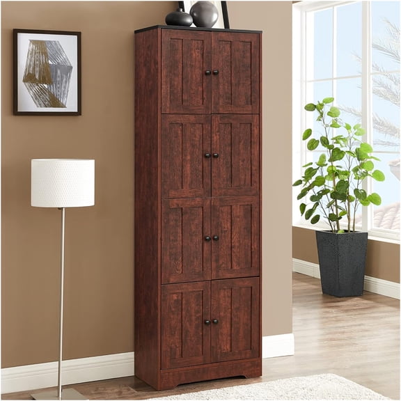 JERFIT 72.4" Tall Freestanding Storage Cabinet with 8 Doors, 4 Shelves Organizer for Small Spaces, Walnut Finish MDF Floor Mount Closet