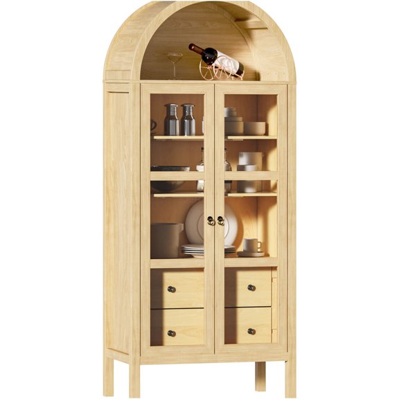 JERFIT 72" Farmhouse Arch Display Cabinet with Auto Sensor Light, Glass Doors, 2 Drawers & Adjustable Shelves for Living Room, Kitchen