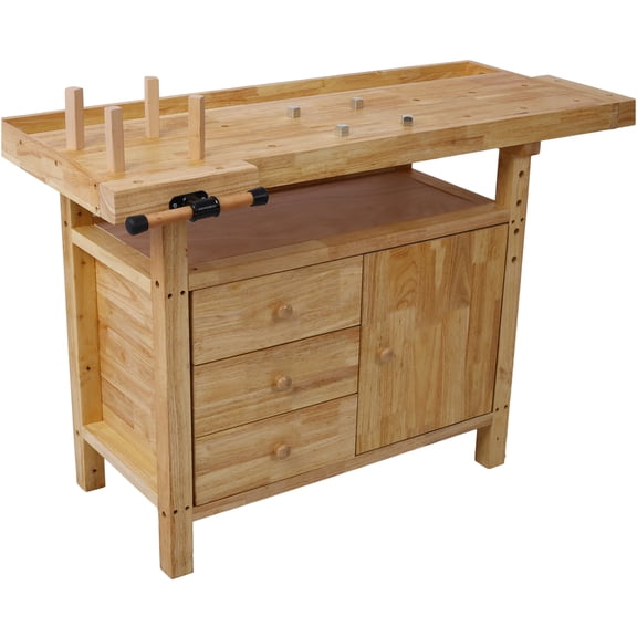 JERFIT 72" Heavy Duty Wood Workbench with Storage Drawers & Cabinet, Solid Rubber Wood Work Table for Garage, Workshop, DIY Projects