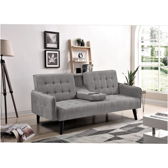 JERFIT 72 Inch Convertible Sofa Bed with Cup Holder and Table, Full Size Sleeper Couch for Small Spaces, Easy Pull Out Mechanism, Gray Linen Fabric