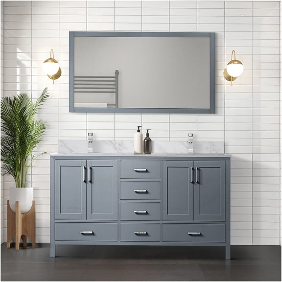 JERFIT 72 Inch Double Sink Bathroom Vanity Set with Carrara Marble Top and Chrome Faucet, Soft Close Drawers, Dark Grey Modern Bath Vanity