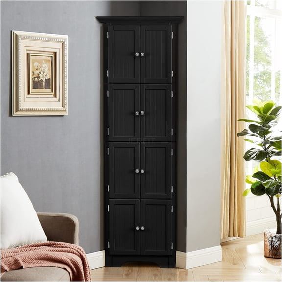 JERFIT 72-Inch Tall Freestanding Storage Cabinet with Doors, 4 Adjustable Shelves, for Kitchen, Bathroom, Living Room, Office Organizer, Modern Freestanding Closet, Black