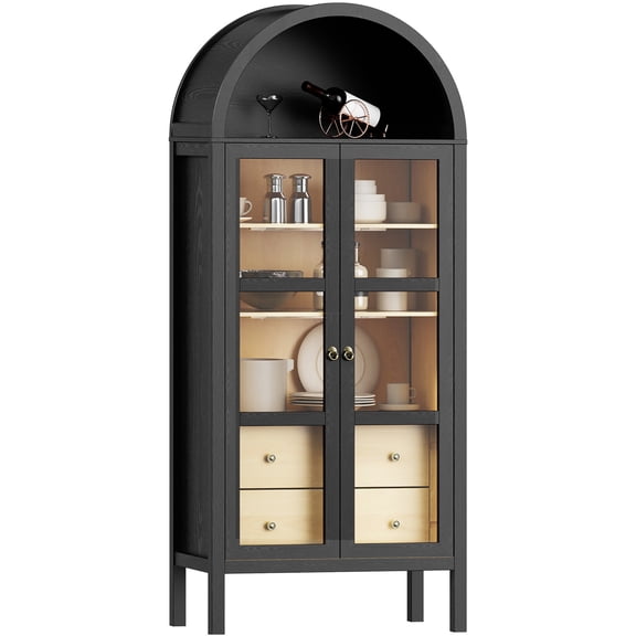 JERFIT 72" Modern Arch Display Cabinet with Auto Sensor Light, 2 Drawers & Adjustable Shelves for Living Room Kitchen