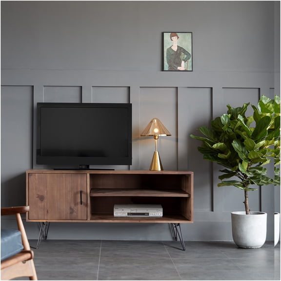 JERFIT 72" Reclaimed Wood TV Stand for TVs up to 65", Farmhouse Media Console with Cabinet & 2 Open Shelves, Solid Wood Entertainment Center for Living Room