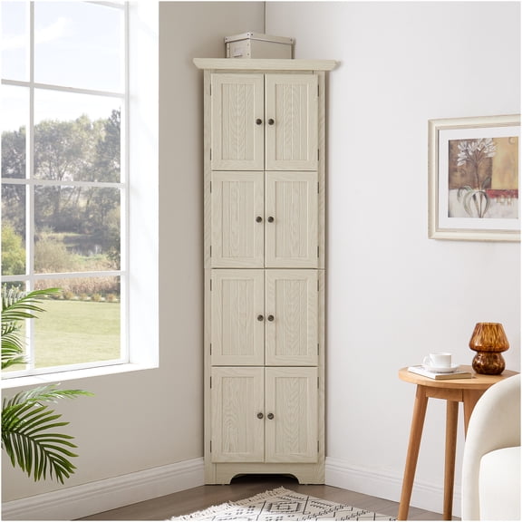 JERFIT 72" White 4-Tier Corner Pantry Cabinet with 8 Doors, Freestanding Storage Organizer for Kitchen, Living Room, Bathroom