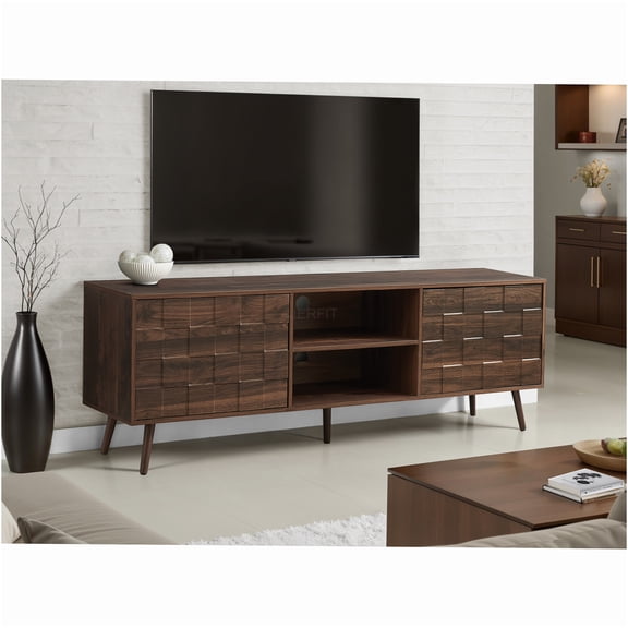 JERFIT 72 inch TV Stand for Living Room, Mid-Century Modern Entertainment Center with Storage Cabinet, Solid Wood Legs, Walnut Finish