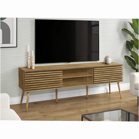 JERFIT 72 inch TV Stand with Sliding Doors, Walnut Media Console with Storage Shelves for Living Room, Modern Entertainment Center