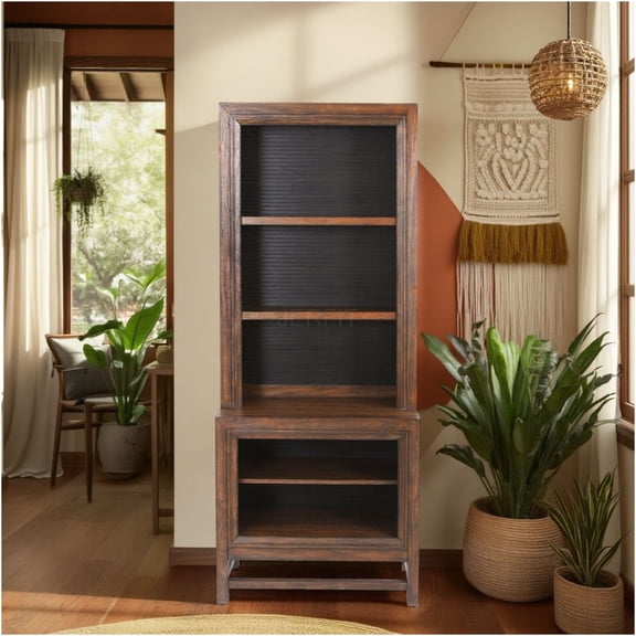 JERFIT 74 Inch Fully Assembled Bookcase with 3 Shelves, Two-Tone Rustic Brown & Black Finish, Solid Pine Wood Storage Cabinet for Living Room, Office