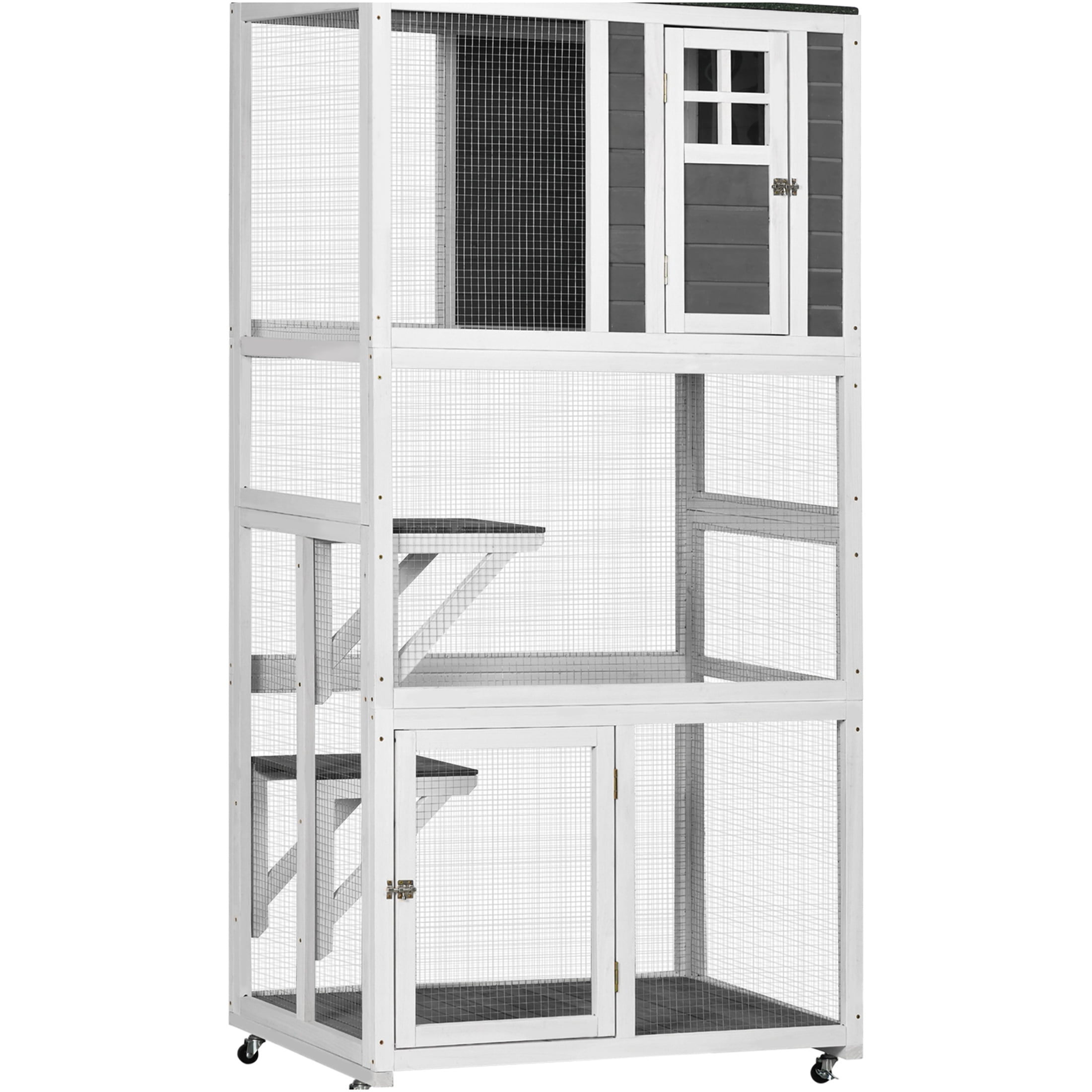 JERFIT 74 Inch Outdoor Cat House with Wheels, Weatherproof Wooden Catio Enclosure, Large Gray Cat Cage Condo for Indoor Outdoor Use