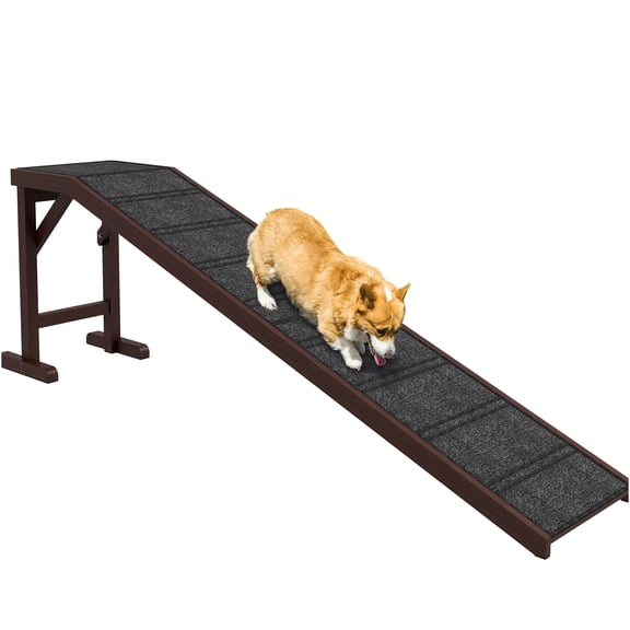 JERFIT 74 Inch Wooden Pet Ramp for High Beds, Dog Ramp with Non-Slip Carpet & Resting Platform, Supports up to 150lbs, Easy Assembly, Brown