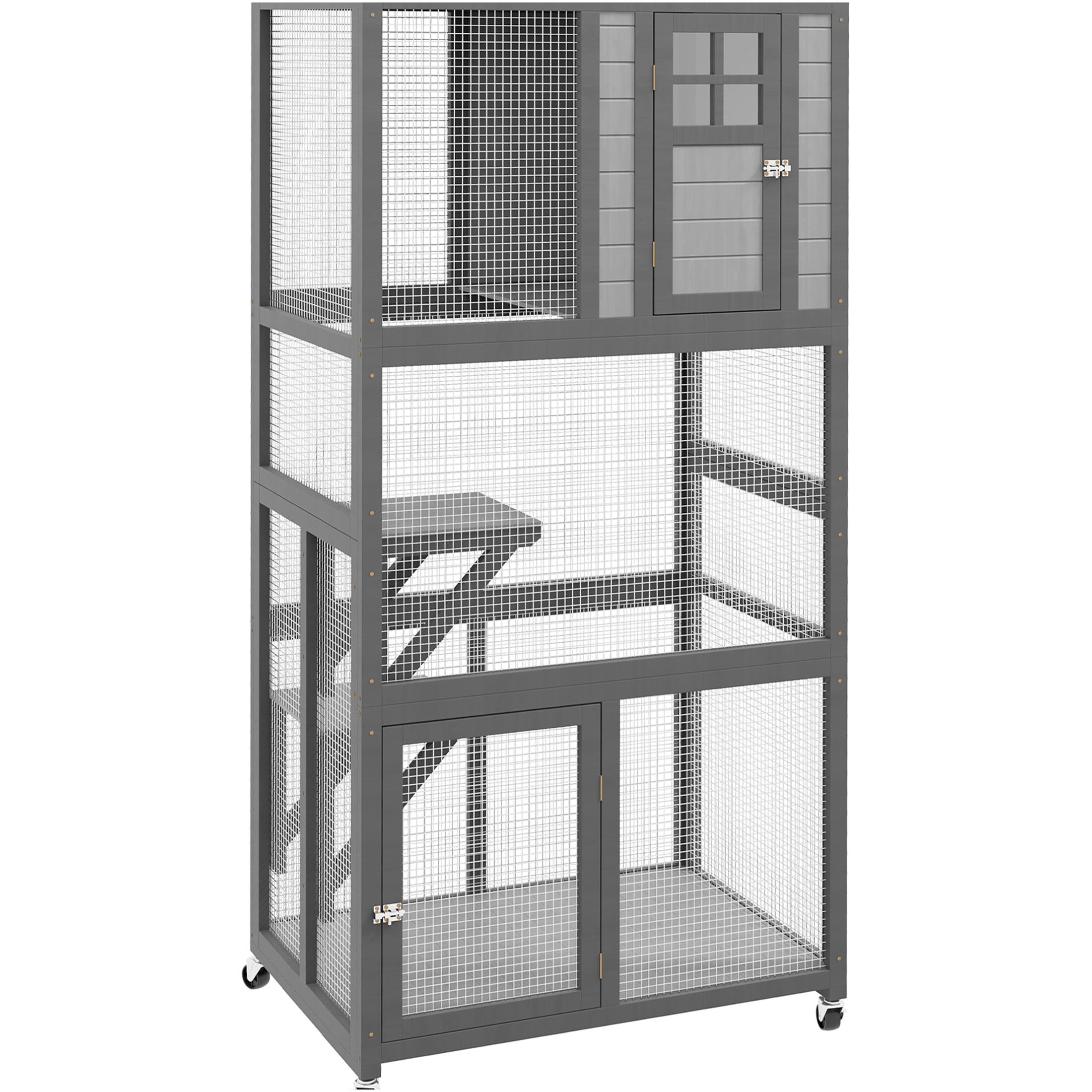 JERFIT 74" Outdoor Wooden Cat House Enclosure with Wheels, Weatherproof Large Catio Cage Condo for Indoor Outside Use, Light Gray