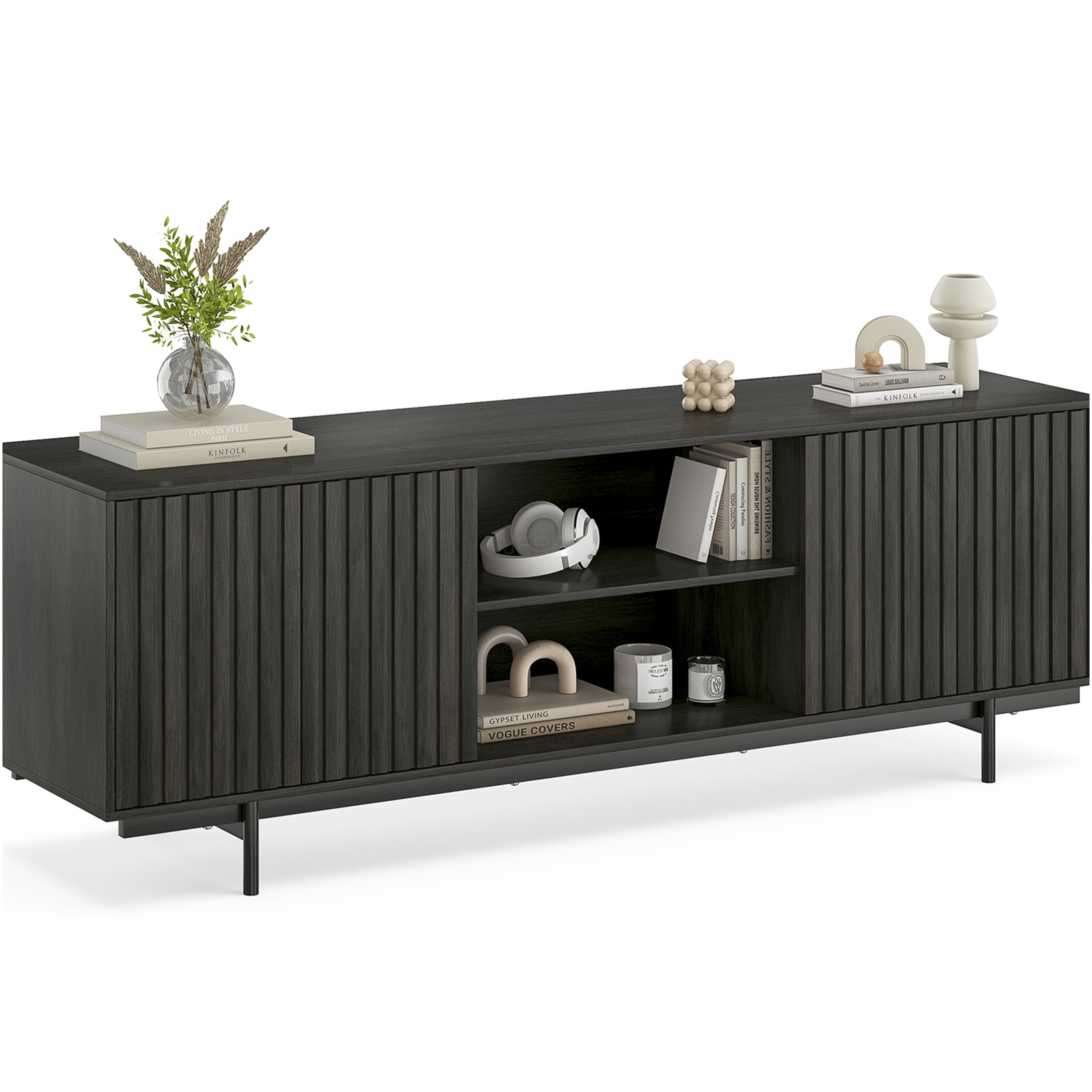 JERFIT 75 inch TV Stand with Pop-Up Doors, Mid Century Modern Entertainment Center with Storage Shelves, Farmhouse Retro Fluted Design for Living Room, Bedroom, Black