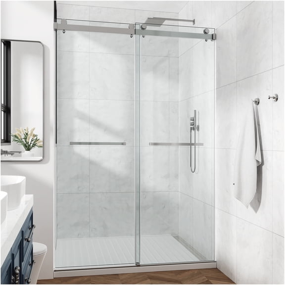 JERFIT 76" Brushed Nickel Frameless Sliding Shower Door, 3/8" 10mm Tempered Glass, Leak-Proof Stainless Steel Hardware for Bathroom
