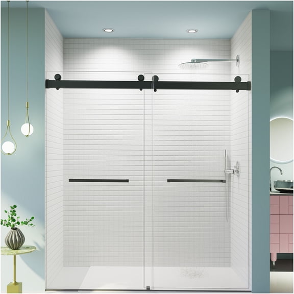 JERFIT 76" Frameless Sliding Shower Door with Soft-Close, 10mm Tempered Glass, Matte Black Finish for Modern Bathroom