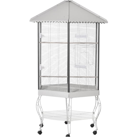 JERFIT 77 Inch White Steel Hexagon Bird Cage with Rolling Stand, Removable Tray & Storage Shelf for Parakeets, Cockatiels, Lovebirds