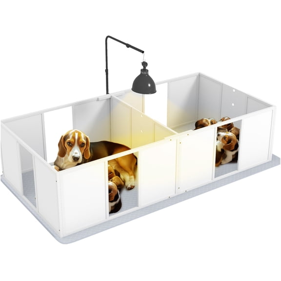 JERFIT 77" x 38" Indoor Wooden Dog Whelping Box with Observation Window, Adjustable Door & Heating Lamp Stand for Newborn Puppies