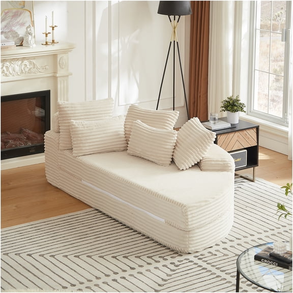 JERFIT 78.5" Corduroy 2-in-1 Convertible Sectional Sofa Bed, Modular Chaise Lounge with 6 Pillows for Living Room, Beige