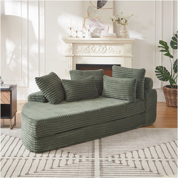 JERFIT 78.5" Green Corduroy 2-in-1 Cloud Sofa Bed and Recliner, No Assembly Required Convertible Sectional with Pillows