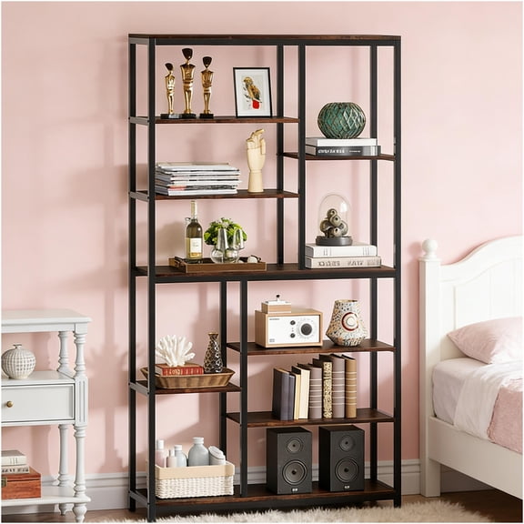 JERFIT 78.7" Tall Industrial Bookcase with Staggered Shelves, Open Back Metal Frame & Particle Board Storage Shelf for Living Room, Black or Rustic Brown