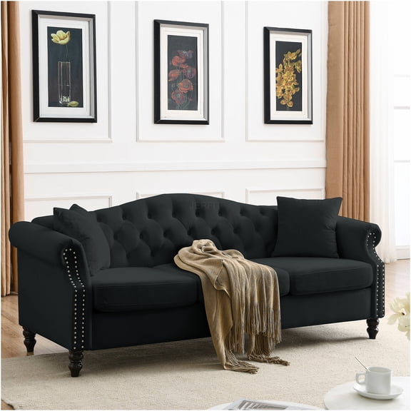 JERFIT 79" Modern Chesterfield Velvet Sofa 3 Seater with Rolled Arms and Nailhead Trim, Includes 2 Pillows for Living Room, Apartment