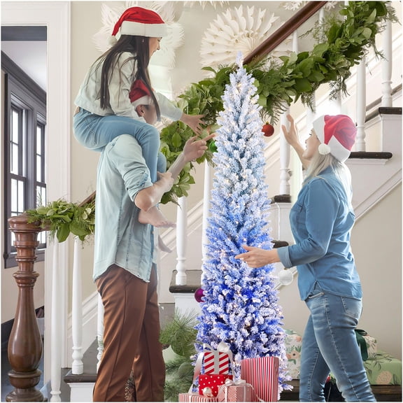 JERFIT 7FT Prelit Blue Flocked Christmas Tree Slim Pencil with 300 LED Lights, Snow-Dusted Gradient, Hinged PVC Branches for Small Space Holiday Decor