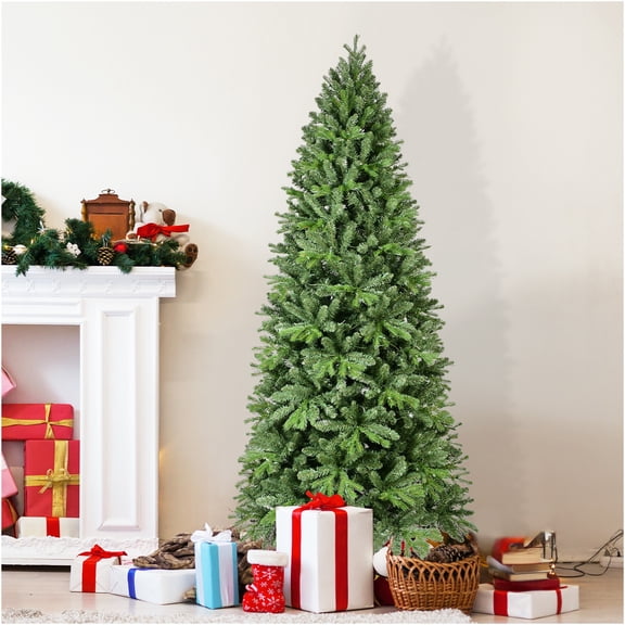 JERFIT 7ft Pre-Lit Christmas Tree with Hinged Branches, Full PVC Holiday Pine with 1375 Tips, Easy Assembly & Metal Stand for Home Decor