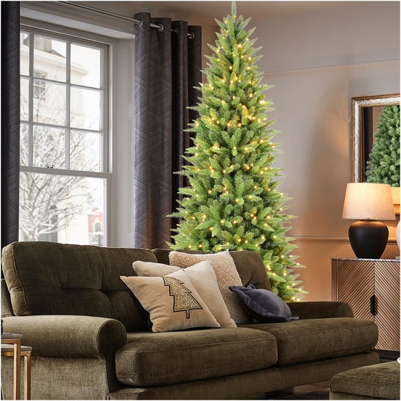JERFIT 7ft Pre-Lit Slim Pencil Christmas Tree with 400 Warm White LEDs, Hinged PVC Branches for Easy Setup, Full PE/PVC Tips, Metal Stand - Space Saving Artificial Tree for Home, Office, Apartment