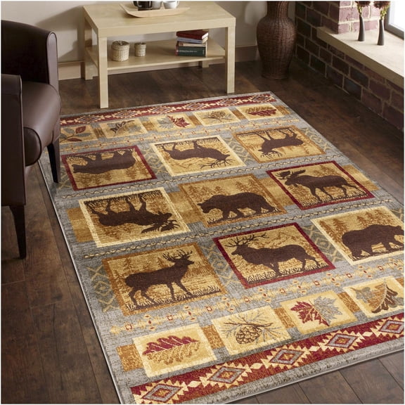 JERFIT 7x10 Feet Blue Lodge Area Rug, Soft Stain Resistant Polypropylene Rug with Nature Theme for High Traffic Living Room, Bedroom