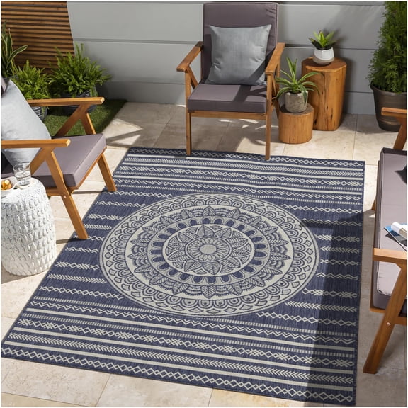 JERFIT 7x10 Indoor Outdoor Rug, Blue Polypropylene Waterproof Area Rug for Patio, Garden, Poolside, Easy Clean Reversible Low Pile Carpet