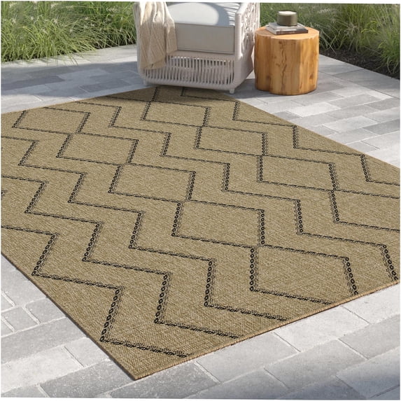 JERFIT 7x10 Indoor Outdoor Rug, Diamond Pattern Area Rug, All-Weather Polypropylene, Natural Black, Reversible Low Profile Runner for Patio Doorway