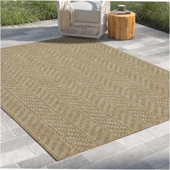 JERFIT 7x10 Indoor Outdoor Rug, Natural White Reversible Flatweave Area Rug for Patio Deck Poolside, Easy Clean Polypropylene