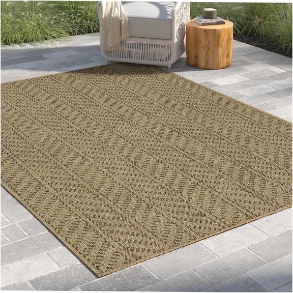 JERFIT 7x10 Indoor Outdoor Rug, Reversible Flatweave Area Rug for Patio Deck Poolside, Natural Jute Look, Easy Clean Waterproof Polypropylene