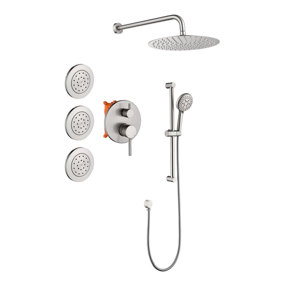 JERFIT 8-Function Luxury Shower System Combo with Rainfall Shower Head, Handheld Spray, Body Jets, Slide Bar & Brushed Nickel Finish
