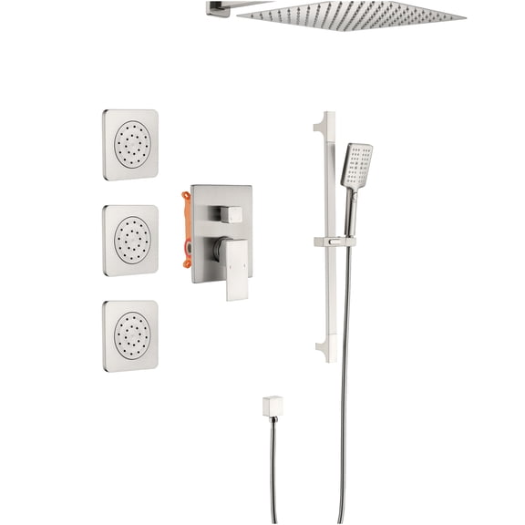 JERFIT 8-Function Wall Mounted Shower System Combo with Rainfall Showerhead, Handheld Spray, 3-Way Diverter Valve & Body Sprays, Brushed Nickel