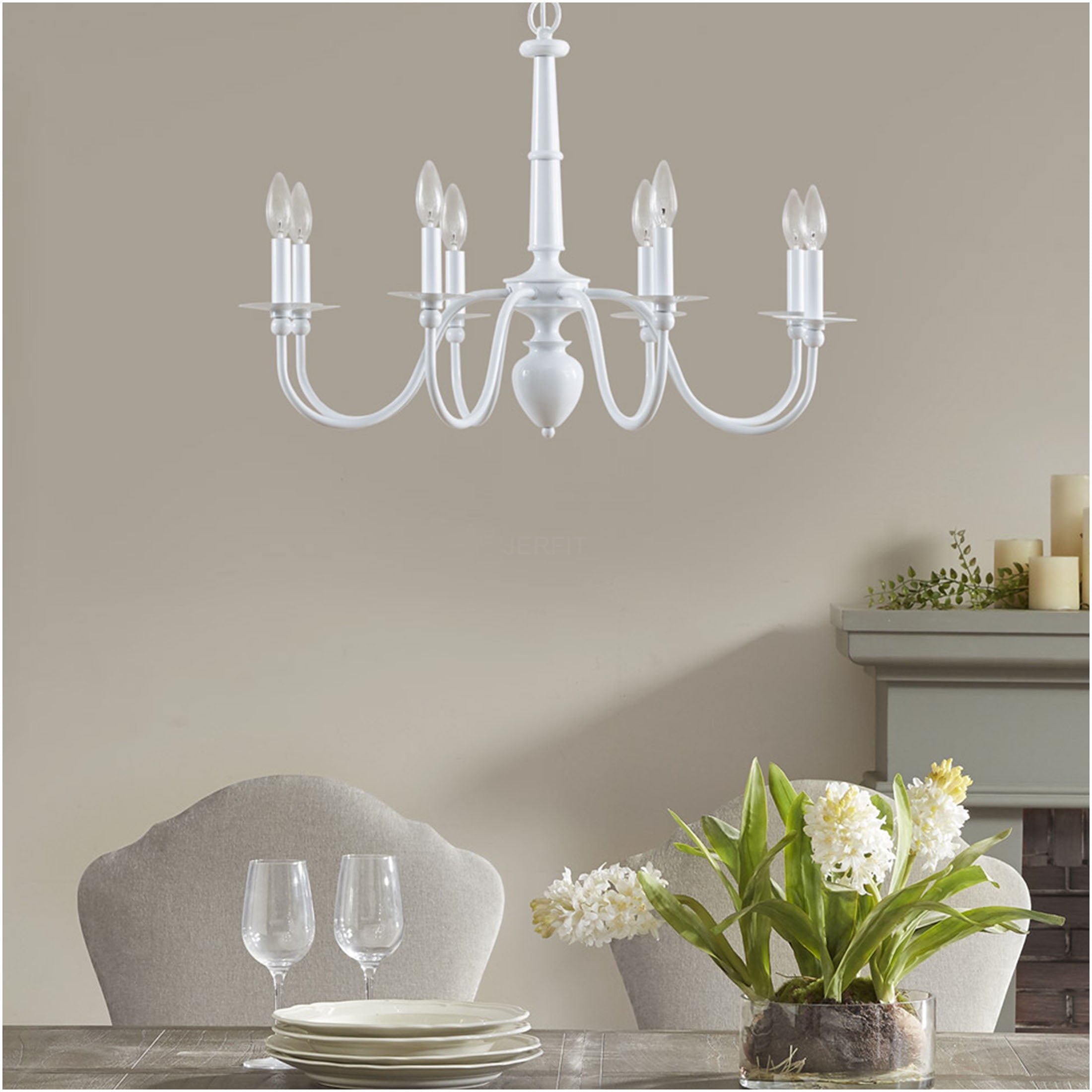 JERFIT 8-Light Glossy White Iron Chandelier, Traditional Candle Style Ceiling Light Fixture with Dimmable Function for Dining Room Kitchen