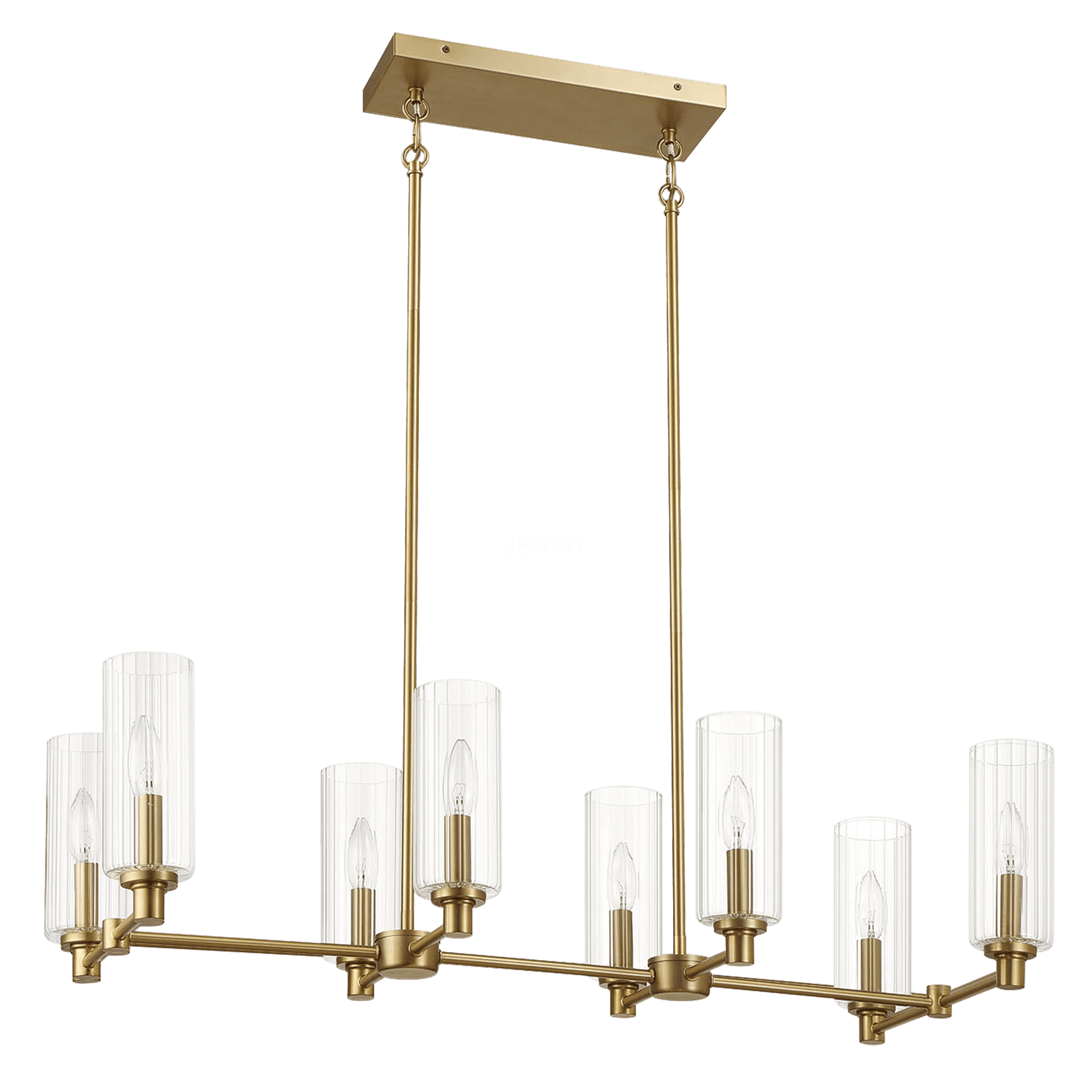 JERFIT 8-Light Pendant Light Fixture for Kitchen Island, Antique Gold and Clear Ribbed Glass Chandelier, Modern Ceiling Hanging Lamp