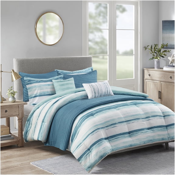 JERFIT 8-Piece Aqua Seersucker Bedding Set, Full/Queen Comforter & Quilt with Decorative Pillows, Hypoallergenic & Wrinkle-Resistant