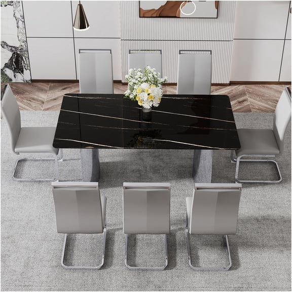 JERFIT 8-Piece Dining Set with Tempered Glass Tabletop & PU Chairs, Silver and Light Gray Kitchen Table for 8