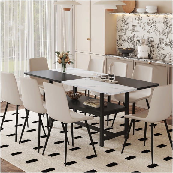 JERFIT 8-Piece Dining Table Set with Storage, Modern White Black Two-Tone Table and 8 Gray PU Leather Chairs for Kitchen Dining Room