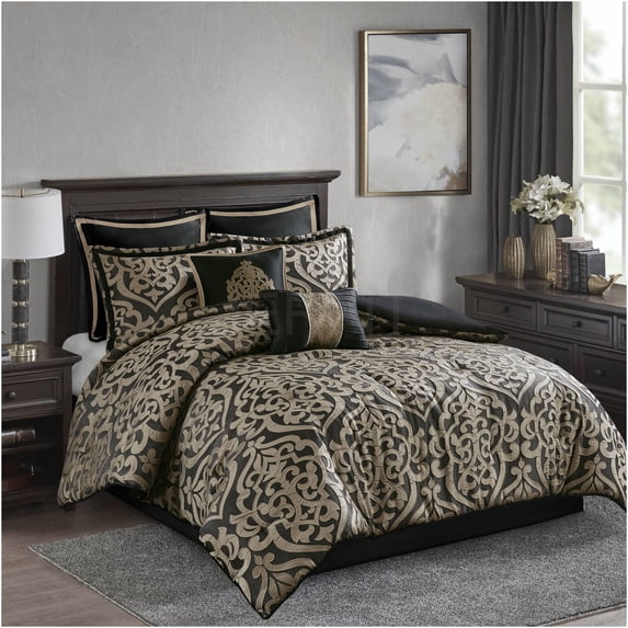 JERFIT 8-Piece King Comforter Set Jacquard Bedding Ensemble, Black, Ultra Soft Polyester, Hypoallergenic, Wrinkle Resistant, Machine Washable