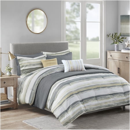 JERFIT 8-Piece King Size Comforter Set with Quilt, Yellow and Gray Striped Seersucker Bedding Collection for All Seasons