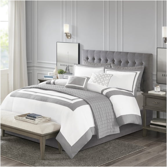 JERFIT 8-Piece Luxury Hotel Bedding Set, Grey Comforter & Quilt Set with Shams & Decorative Pillows for Full/Queen Bed, Ultra-Soft Microfiber, Hypoallergenic, Machine Washable