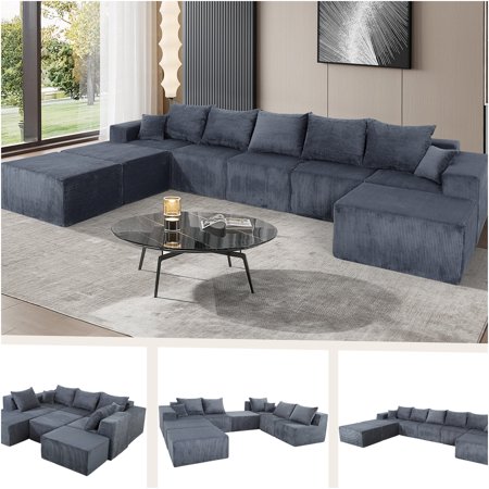 JERFIT 8-Piece Modular U-Shaped Sectional Sofa Set with Convertible Bed, Corduroy Fabric, No Assembly Required, Large Living Room Couch with Chaise, Grey