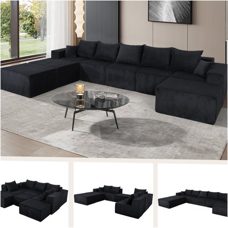 JERFIT 8-Piece Modular U-Shaped Sectional Sofa Set with Convertible Chaise & Bed, No Assembly Corduroy Fabric, for Large Living Room, Black