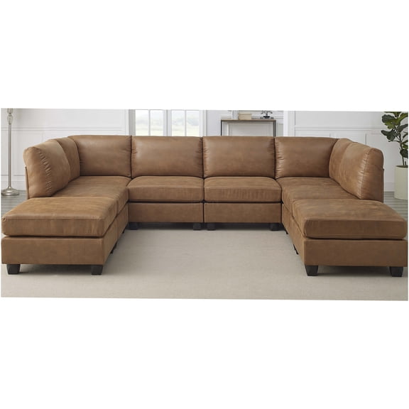 JERFIT 8-Seat Brown Faux Leather Sectional Sofa Couch, Modular L-Shaped Corner Chaise Lounge for Living Room, No-Tool Assembly