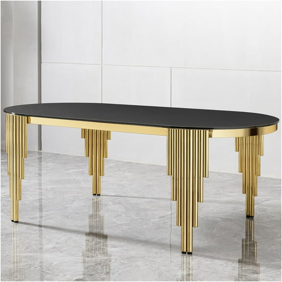 JERFIT 8-Seater Oval Dining Table with Gold Stainless Steel Base & Tempered Glass Top for Modern Dining Room