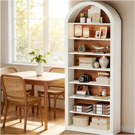 JERFIT 8 Tier Arched Bookshelf with Closed Back, Tall Standing Bookcase Display Shelf Organizer, White MDF Storage Cabinet for Living Room, Office, Study